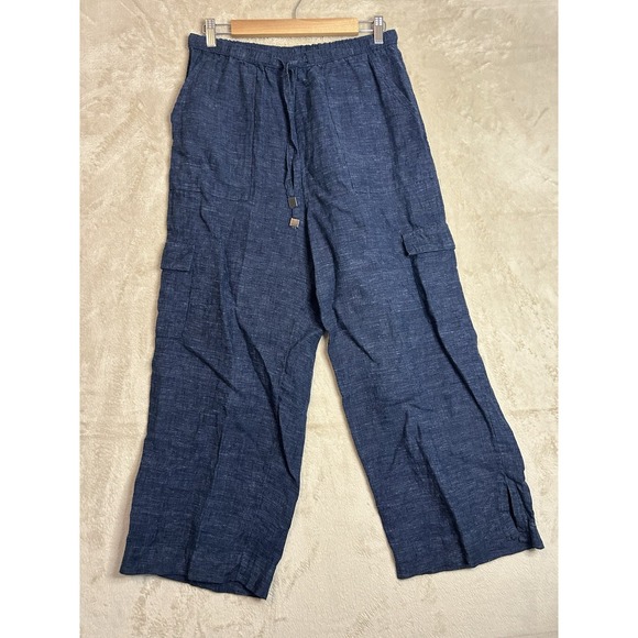 Nicole Miller Pants - Nicole Miller Women's Medium Linen Wide Leg Pants Blue Pull On Elastic Waist